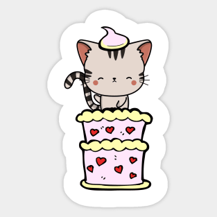 Funny tabby cat jumping out of a cake Sticker